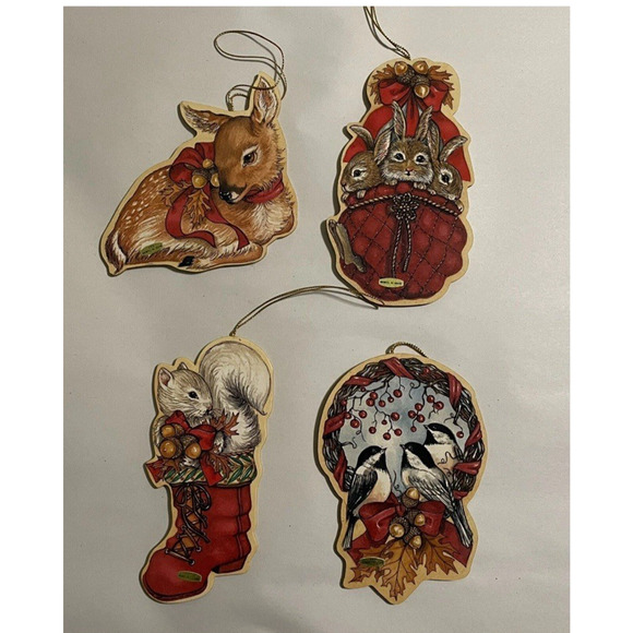 Christmas Die Cut Wood Ornaments Set 8 Vintage Deer Birds Squirrel Rabbit 1993 - Picture 10 of 10